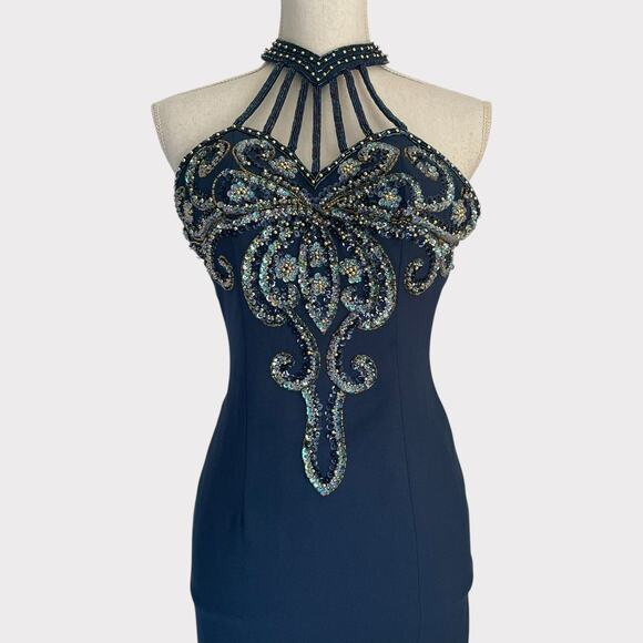 Alyce Designs Beaded Gown Long Teal Strappy Back Zip Closure Size 2 Side Slit - Picture 2 of 9